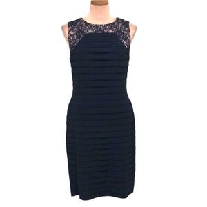 Adrianna Papell Dress Size US 10 Navy Blue Ribbed Floral Lace